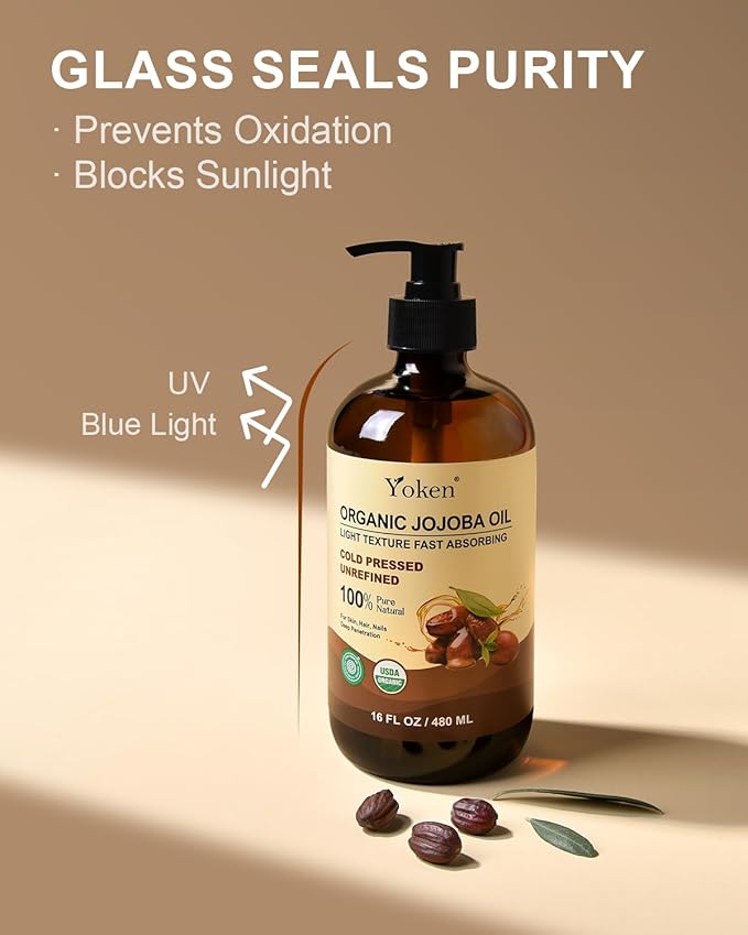 Yoken Organic Jojoba Oil Glass Bottle 16 fl oz, USDA Certified 100% Pure & Natural Jojoba Oil for Hair, Skin & Face, Cold Pressed Unrefined Hexane Free, Deeply Moisturizing Body Serum for Gua Sha