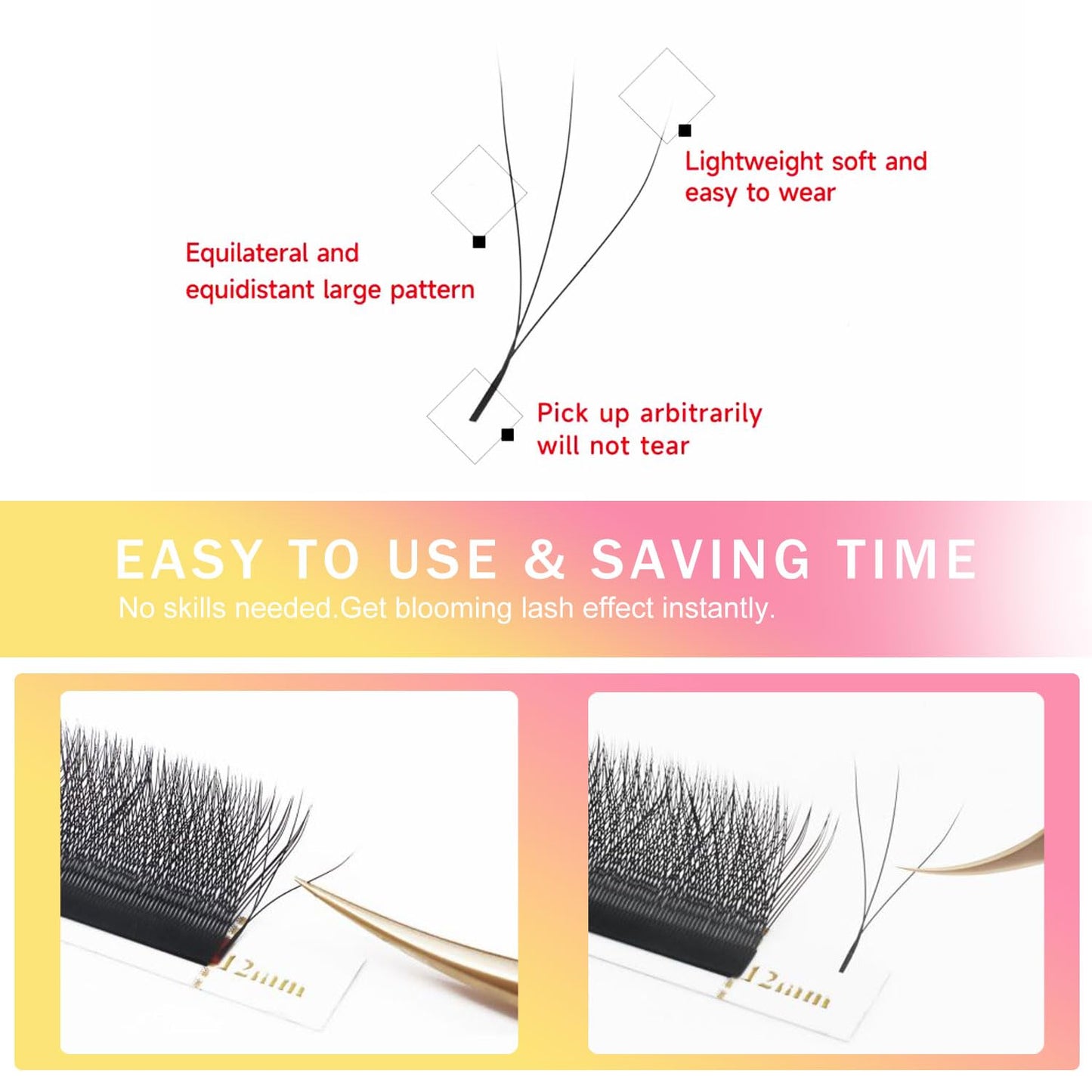 W Lash Extensions Supplies 3D Eyelash Extensions W Shape 0.07mm Thickness D Curl 13mm Premade Fans Easy Fan Lashes Volume Matte Black 12 Rows Crisscross Eye Lashes(W-3D-0.07-D,13mm)