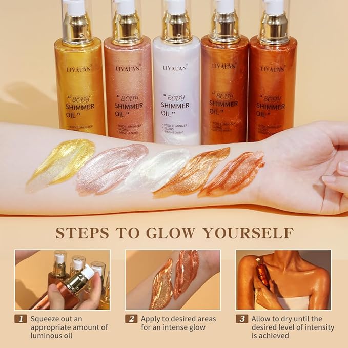 Liyalan Shimmer Body Oil Rose Gold 5 Color Bronze Face Glow Pearl Highlighter Illuminator body Makeup Shine Glitter Gold Liquid Taning 3.38 Fl Oz