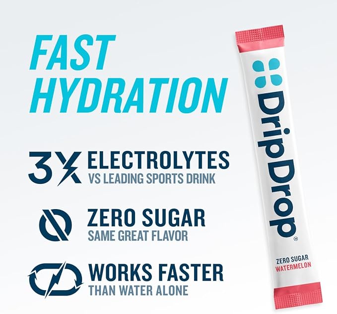 DripDrop Sugar Free Hydration Packets - Zero Watermelon - Single Serve Electrolytes Powder Drink Mix - Non-GMO, Gluten Free, Vegan - 32 Sticks