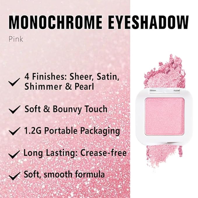 evpct Pink Single Eyeshadow Palette, Bright Light Pink Rose Glitter Shimmer Sparkle Cream Eye Shadow Palette Makeup for Older Women, High Pigment Waterproof Monochrome Mini Eyeshadow Makeup Products