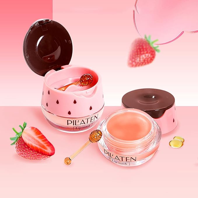 2PCS Bee Lip Balm Lip Balm Honey Pot, Strawberry Sleeping Lip Mask,Moisturizing Lip Balm with Stick,Hydrating & Prevention Dry and Cracked Lip Scrubs Exfoliator Lip Care Products(Strawberry)