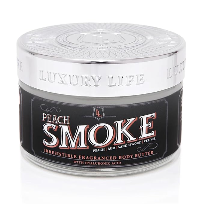 LUXURY LIFE BUTTER - Irresistibly Scented Body Butter with Hyaluronic Acid for Ultimate Moisture. Luxurious Natural Fragrance. Hydrates for a Non-Greasy Glamorous Glow, Peach Smoke, 5 oz.