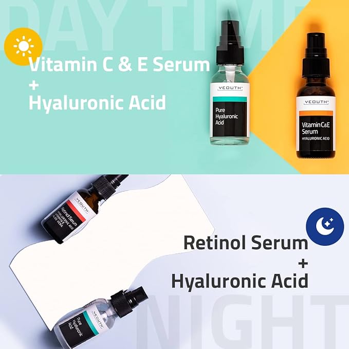 YEOUTH Skin Care Set: Retinol Serum for Face, Vitamin C and Hyaluronic Acid Serum, Face Care Kit that Targets Appearance of Uneven Uneven Skin and Dryness 3x1 oz