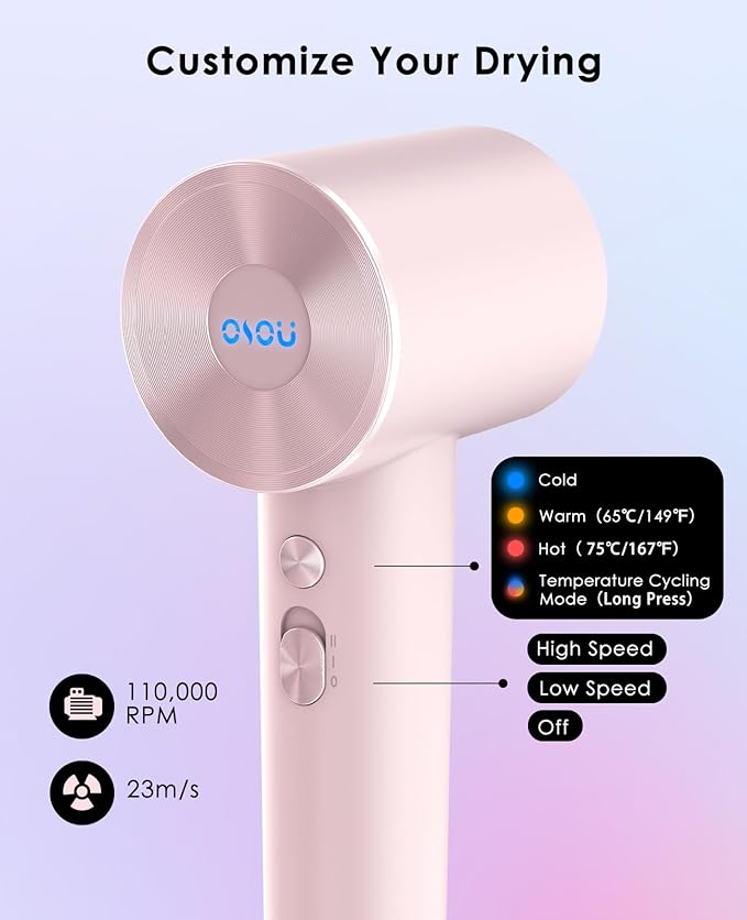 Hair Dryer with Diffuser for Curly Hair, Negative Ionic Hairdryer, High-Speed Blow Dryer with 110, 000 RPM Brushless Motor, Fast Drying Lightweight Travel Hairdryer, Low Noise Quiet Hair Dryers