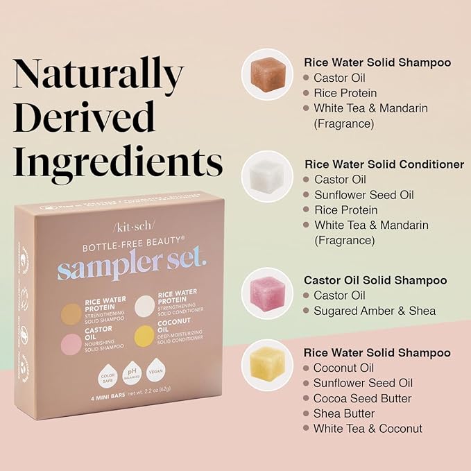 Kitsch Shampoo and Conditioner Set - 4pc Sampler Bars with Rice Water Shampoo and Conditioner, Castor Oil Shampoo & Coconut Oil Conditioner - Bottle-Free Beauty for Hair Growth, Repair & Moisture