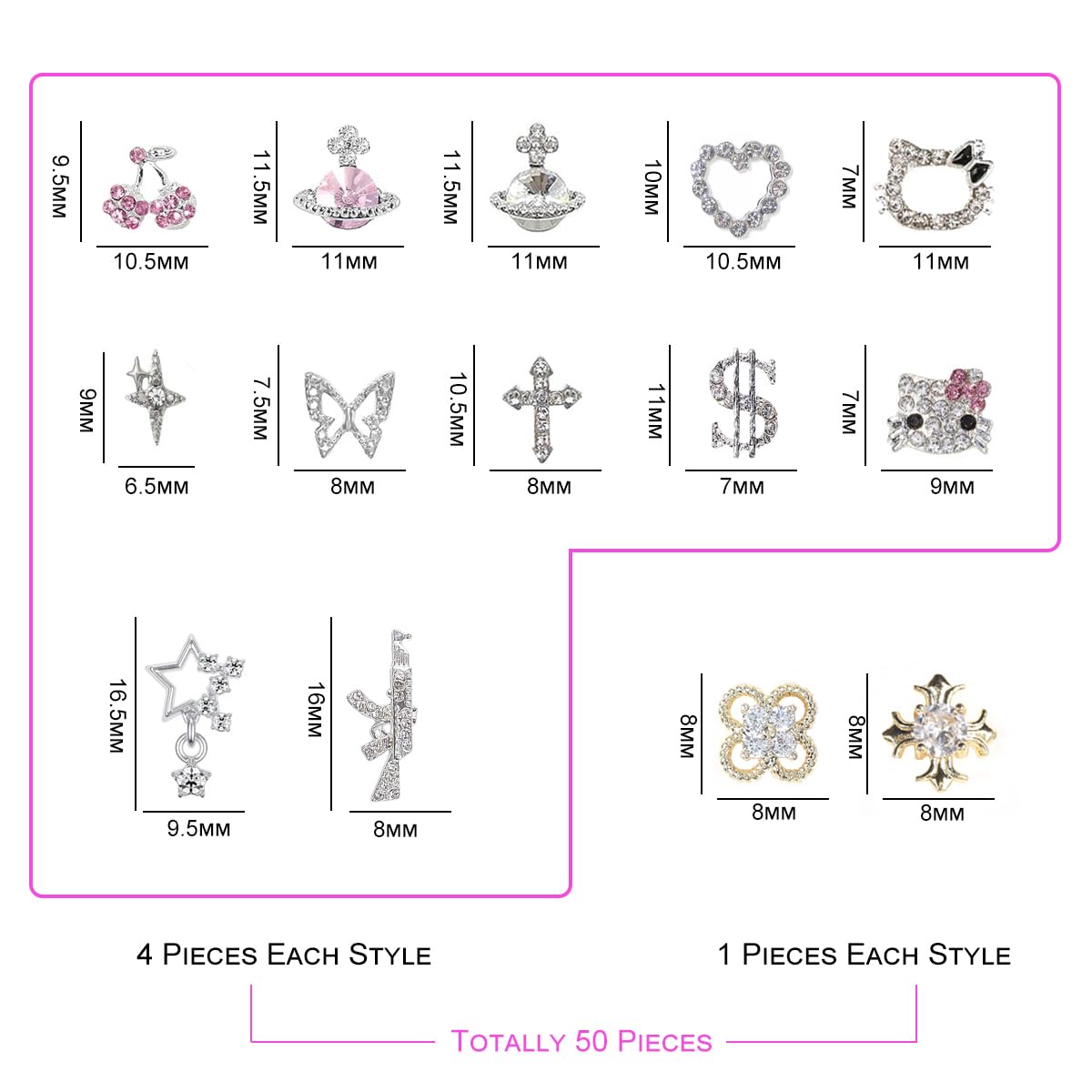 50Pcs Nail Charms Rhinestones Gems Kitty Heart Star Gun Planet Cross Jewelry for Acrylic Nails Accessories Women Nail Decorations Manicure Craft DIY Nail Art Supplies