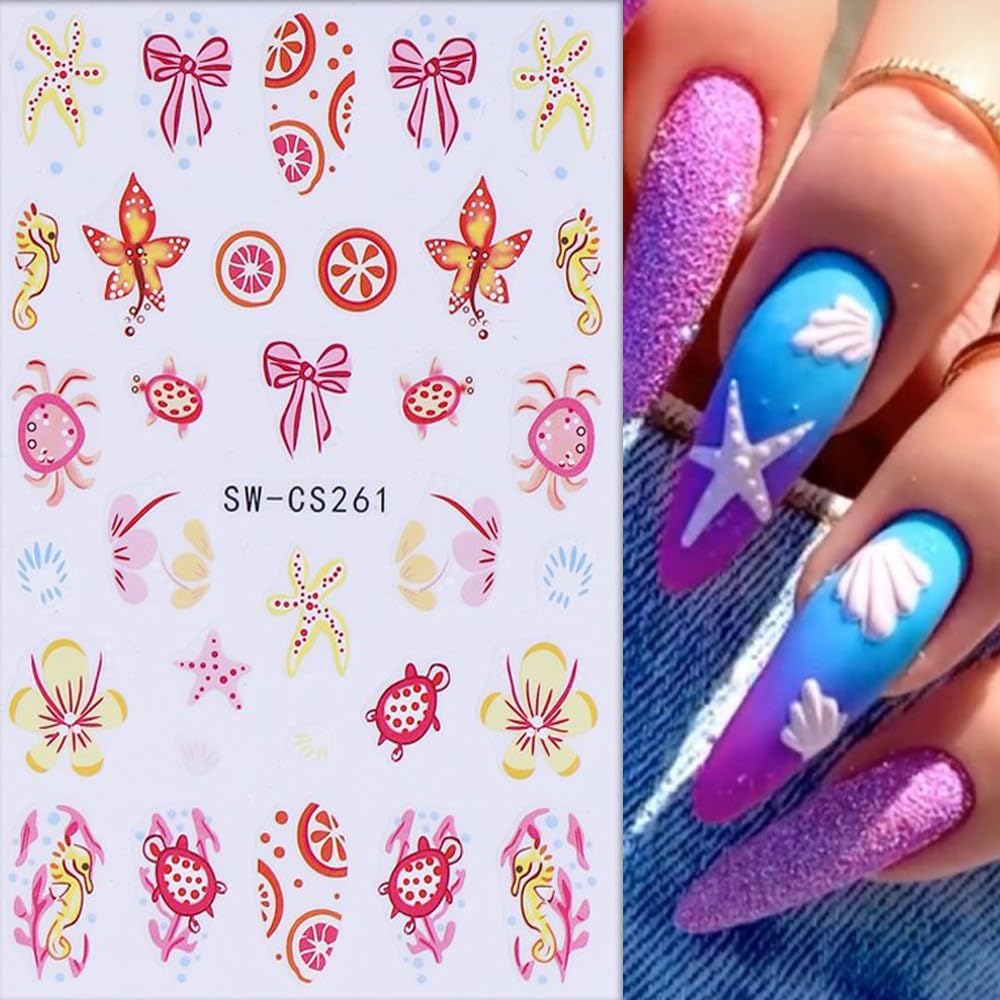 6 Sheets Marine Life Nail Art Stickers 3D Self-Adhesive Starfish Turtle Nails Sticker Flower Nail Art Decals Holographic Bow Nails Decal Decoration for Women Floral Manicure DIY Nail Supplies