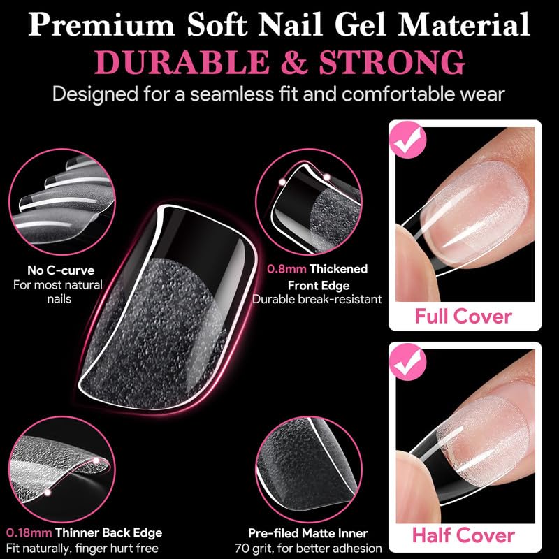 Extra Short Square False Nail Tips, 15 Sizes 510 PCS Clear French Press On Fake Nail Pre-shaped Half Matte Full Cover Gel Nail Tip Extensions Thick Long Lasting for DIY Beginners & Salon Manicure