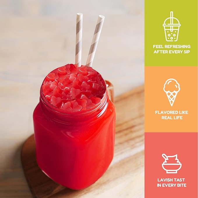 Fanale Coconut Jelly Topping nata de coco for Boba Tea | Ice Cream | Yogurt | Smoothie | Milk Tea | Desserts (Strawberry Heart Shaped, 6.6 lb) | JEL026