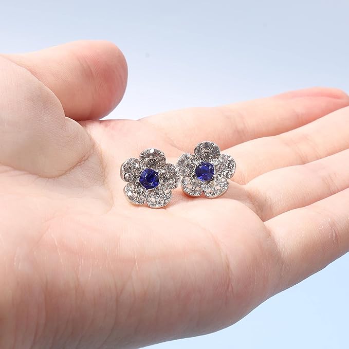 Boho CZ Flower Studs Earrings Silver Crystal Earrings Blue Flower Earrings Studs Wedding Earrings Jewelry for Women and Girls