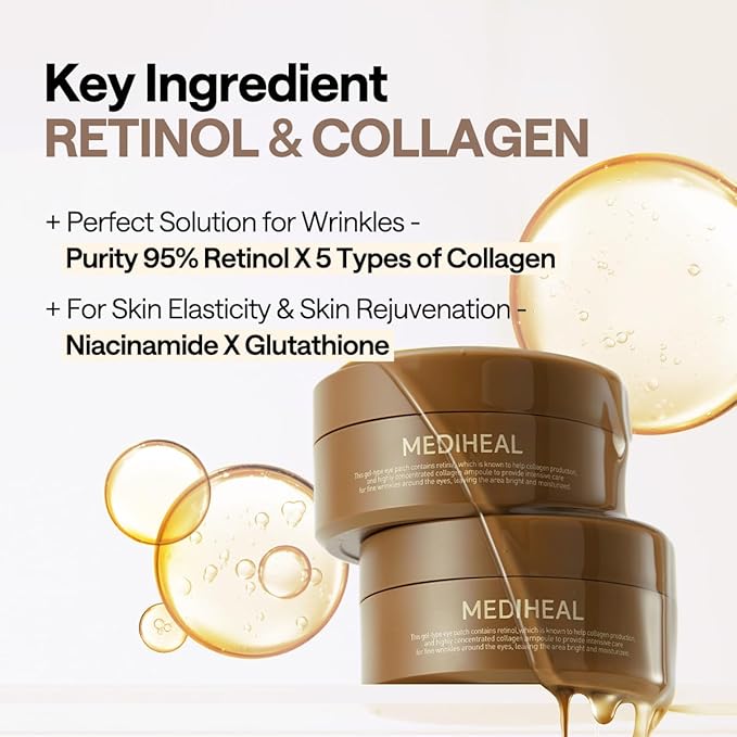 Mediheal Retinol Collagen Under Eye Patches - Korean Hydrogel Eye Pads (60 patches) with 95% Retinol & 5 Micro Collagen. Nourishing & Non Irritating Eye Gel Mask. Sealing Cap & Spatula Included.