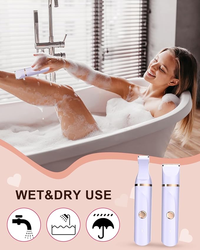 Bikini Trimmer for Women,Painless Electric Razor for Pubic Hair,Rechargeable Body Hair Trimmer,Electric Shaver Removal with Snap-in Ceramic Blades IP7X Washable Head,Wet and Dry Use, Light Purple