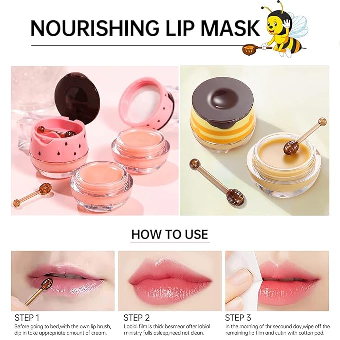 2PCS Bee Balm Lip Balm Honey Pot & Strawberry Sleeping Lip Mask, Propolis Moisturizing Honey Lip Mask Lip Balm, Hydrating & Prevention Dry and Cracked Lip Scrubs Exfoliator, Winter Lip Care Products