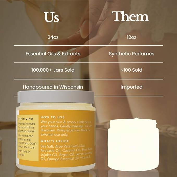 Bare Botanics Lemon Orange Body Scrub 24oz | Made in Madison, WI | All Natural Sea Salt Exfoliator w/ Skin Loving Moisturizers | Vegan & Cruelty Free | Gift Ready Packaging w/ a Cute Wooden Spoon