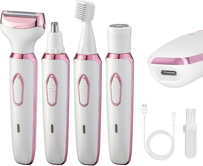 4-in-1 Electric Razor for Women - Rechargeable Painless Body & Facial Hair Remover, Bikini Trimmer for Legs, Underarm & Face, Portable Women's Shaver Set with Smooth Glide Technology
