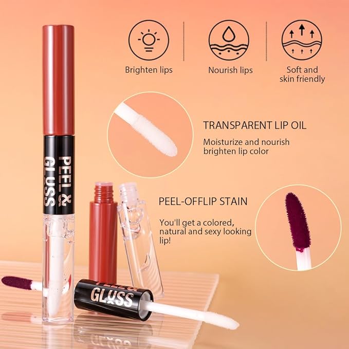 Vivid Apricot Lip Stain Peel Off Lip Gloss oil Dual-Ended Combo, Lips Liner Stain Peel Off Tattoo, Long Lasting & Waterproof, Transfer-Proof Lip Tint Stain with Lip oil for All Skin Type 01#