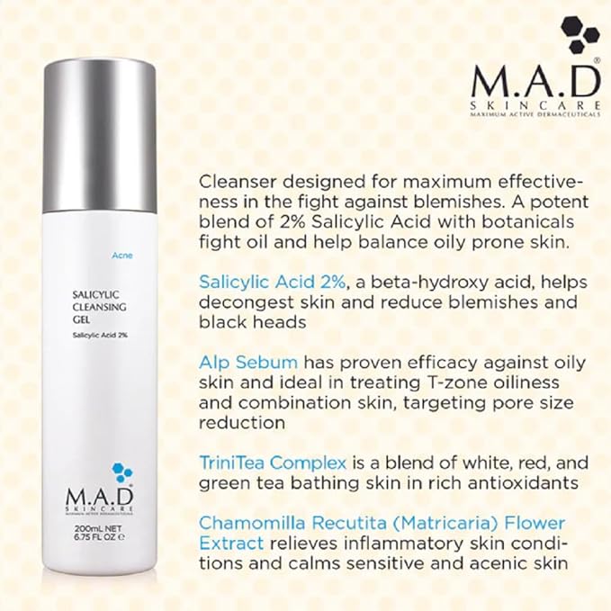 M.A.D Skincare Salicylic Cleansing Gel - Acne Facial Wash 6.75 oz.