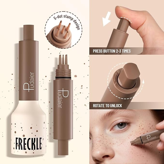 Freckle Stamp,Faux Freckle Stamp,Quick Dry Fake Freckles Pen,Waterproof Long Lasting Natural Vivid Faux Freckles Pen,Get Sun-Kissed Stars Makeup in One Press,5-Dot Design,01.Ash Chestnut.