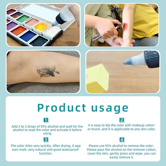 12 Colors Alcohol Activated Makeup Palette Set with Mimic Wound Sponge Makeup Egg for SFX Makeup Halloween Makeup