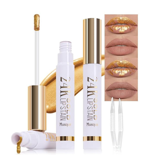 2Pcs 2025 New 24K Gold Liquid Lip Gloss Peel Off Lip Stain Tattoo with Tweezer, Lips Stain Peel Off Masque, Long Lasting Waterproof Lip Tint Stain, Transfer-proof for All Skin Types 01#+02#