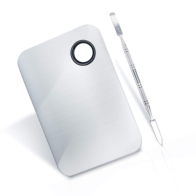 2 Pcs Makeup Mixing Palette, Upgrad Stainless Steel Metal Foundation Palette with Spatula Artist Tool for Mixing Foundation Nail-Art 5.9x3.9 in