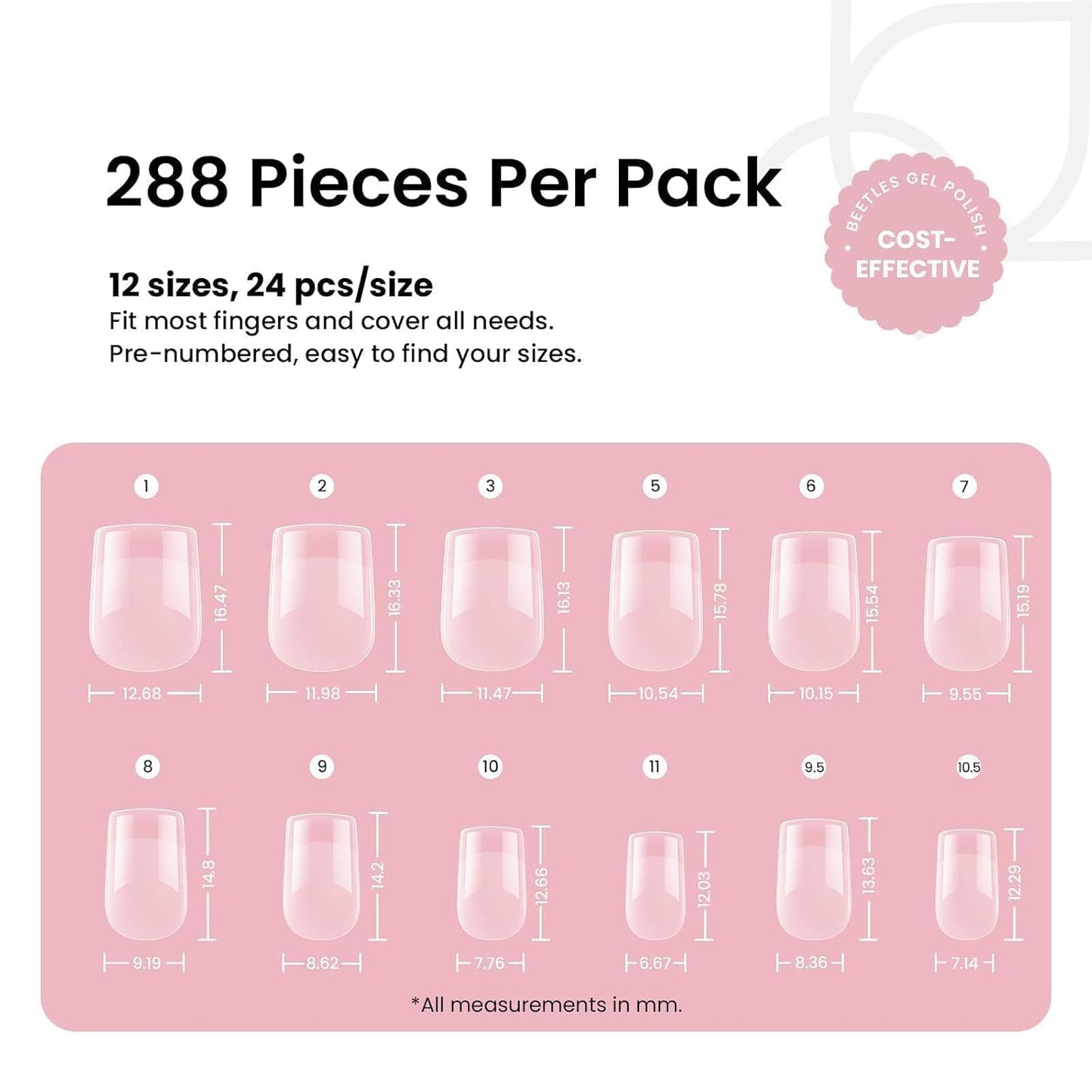 Beetles Gel Nail Tips 288 pcs Extra Short Square Nail Tips 12 Sizes Full Cover Gel Press On Nails Half Matte Acrylic Square Fake Nail Extension Set for Women Home DIY