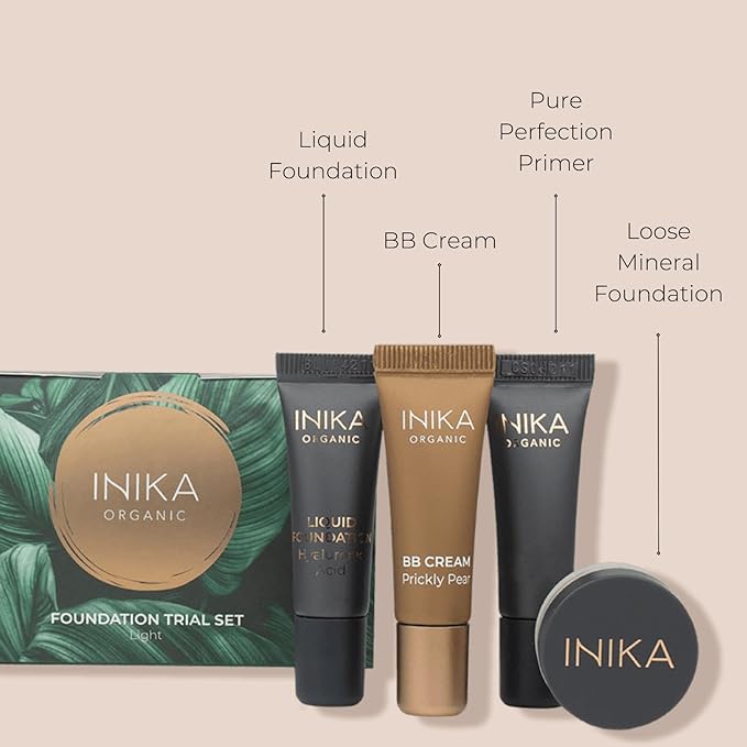 INIKA Organic Foundation Trial Set, Natural Mineral essentials kit, Vegan, Cruelty-Free, Paraben-Free, Rich in Antioxidants and Essential Fatty Acids, Comes in Sustainable Packaging - Very Light