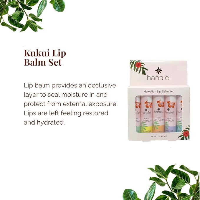 Hanalei Lip Balm and Moisturizer - Natural Kukui Oil, Beeswax Lip Moisturizer - Replenish and Repair Dry, Chapped Lips - Variety Pack (5 Tubes)