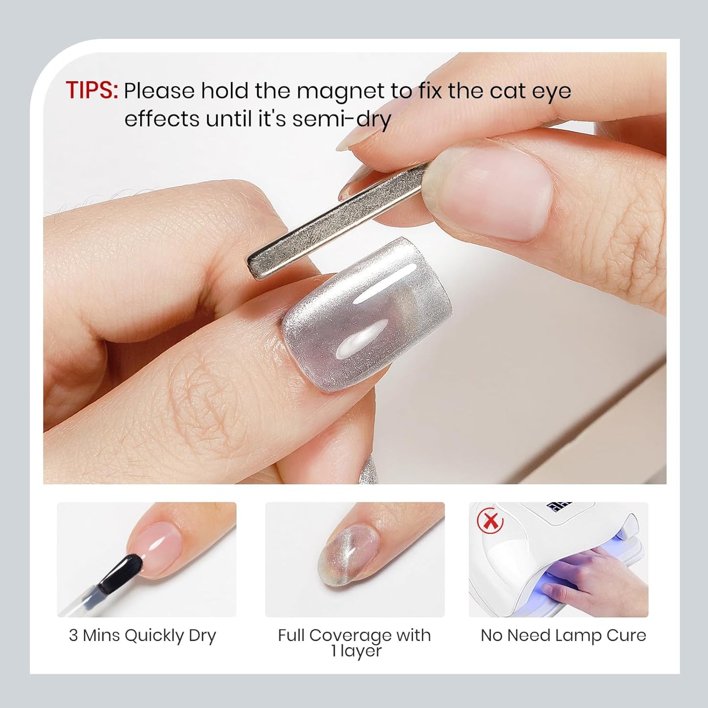 Silver Cat Eye Nail Polish Non Gel Quick Dry Glitter Magntic Nail Polish Cats Eye Toe Fingernail Air Drying Fast Lacquer Manicure Gift For Women Girls 16ml, 0.54fl oz