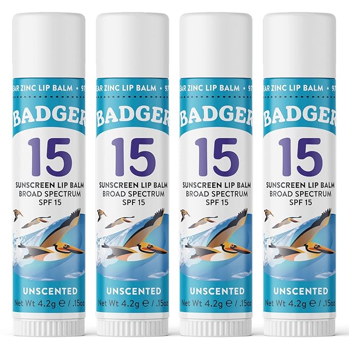 Badger Sunscreen Lip Balm SPF 15, Organic Mineral Sunscreen SPF Lip Balm with Zinc Oxide, Reef Friendly, Broad Spectrum, Water Resistant, Unscented, .15 oz (4 Pack)