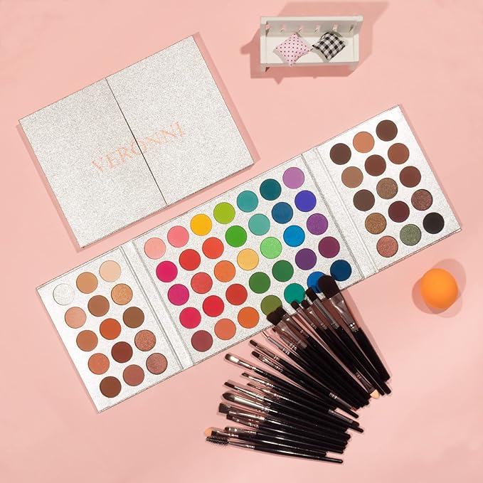 Eyeshadow Palette 65 Colors + 20pcs Makeup Brushes Set + Sponge Blender Sweatproof Pigmented Matte Shimmer Metallic Blendable Soft Pressed Powder Eye Shadow Makeup Palette