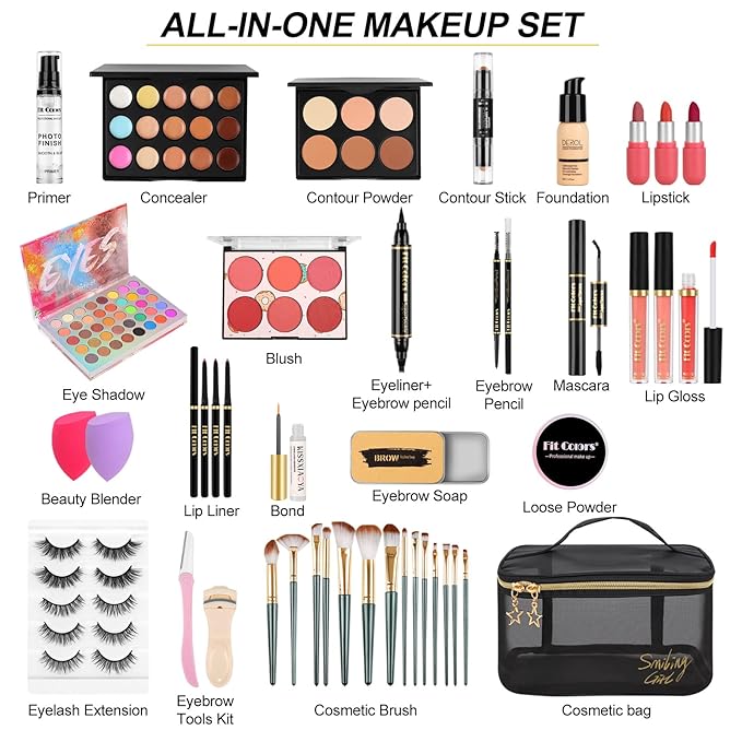 Fenshine Makeup Set,Make Up Starter Kit With Storage Bag Portable Travel Make Up Palette Eyeshadow Foundation Lip Gloss for Teenage & Adults (Type A)