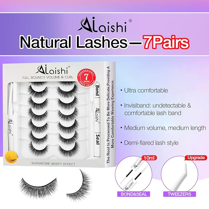 Wispy False Eyelashes Kit With Bond, Seal and Tweezer, 7 Pairs Natural Look Fake Cat Eye Lashes Strips Thin Band Extensions Waterproof Easy Eyelashes for Beginners RQ11