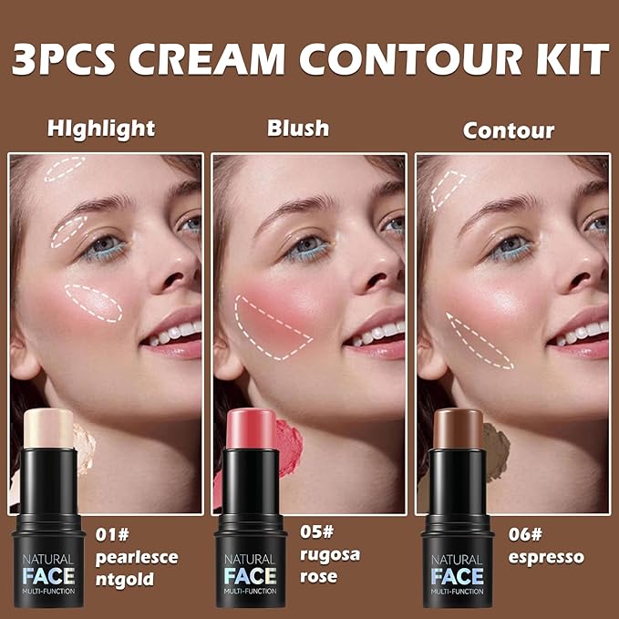 Highlighter Stick Cream Blush Stick Bronzer Contour Stick Makeup,3 PCS Cream Contour Kit with Contour Brush,Long Lasting & Professional Highlighters Makeup Stick for Beginner-Set B