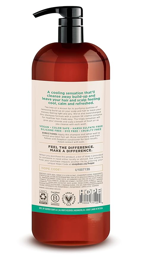 Soapbox Tea Tree Shampoo, Harsh Sulfate Free, Paraben Free, Silicone Free, Color Safe, and Vegan Hair Shampoo (33.8 Ounces)