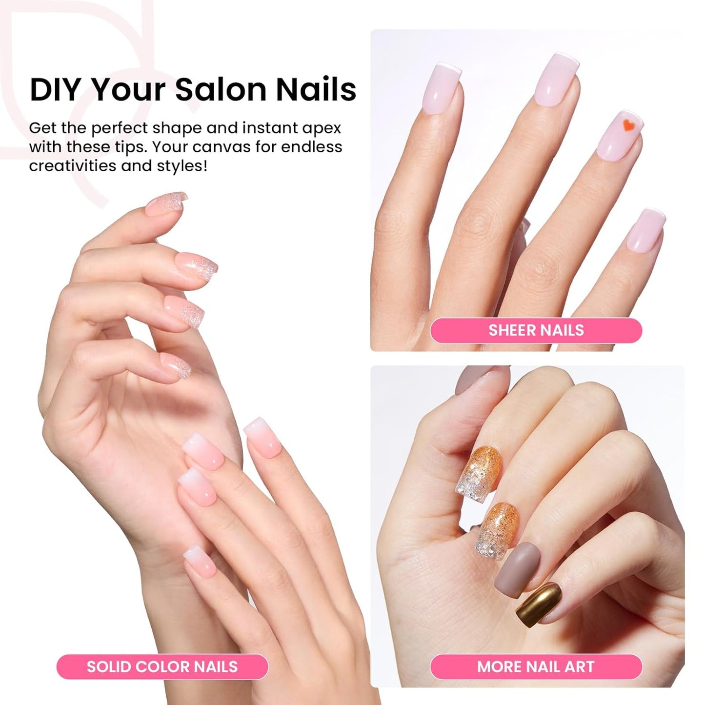 Beetles Tipex Gel Nail Kit Extra Short Square: 16 Sizes Instant Apex Nail Tips, 224 Pcs Pre-Building False Nail Tips with Tipex Nail Glue, Mini Nail Lamp-Thick Acrylic Nail Set