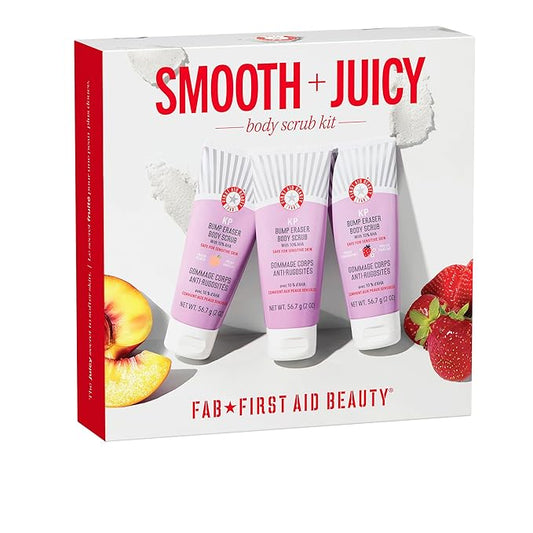 First Aid Beauty Smooth + Juicy Body Scrub Kit: KP Bump Eraser Body Scrub with 10% AHA, Daily Exfoliation Keratosis Pilaris Set to Help Reduce Chicken Skin Bumps; Strawberry, Peach, & Original (2 oz)