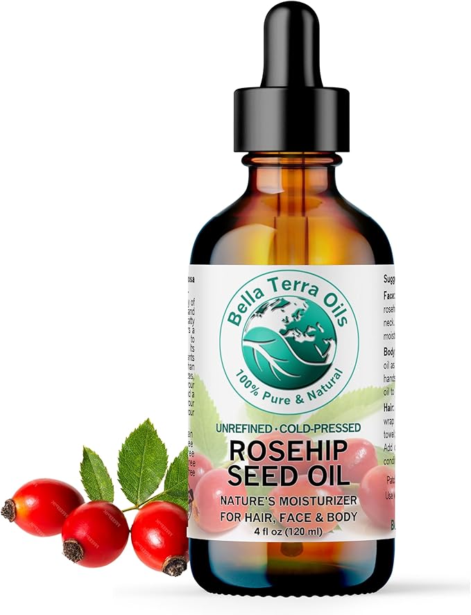 Bella Terra Oils - Organic Rosehip Oil 4 oz - Hailing from The Finest Rosa Mosqueta, Abundant in Omega-6 & Omega-3 Fatty Acids, Pure Radiance for Face