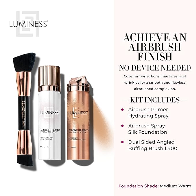 LUMINESS Silk Airbrush Spray Foundation Makeup Starter Kit - Full Coverage Foundation, Primer & Dual-Sided Angled Buffing Brush - Medium Warm