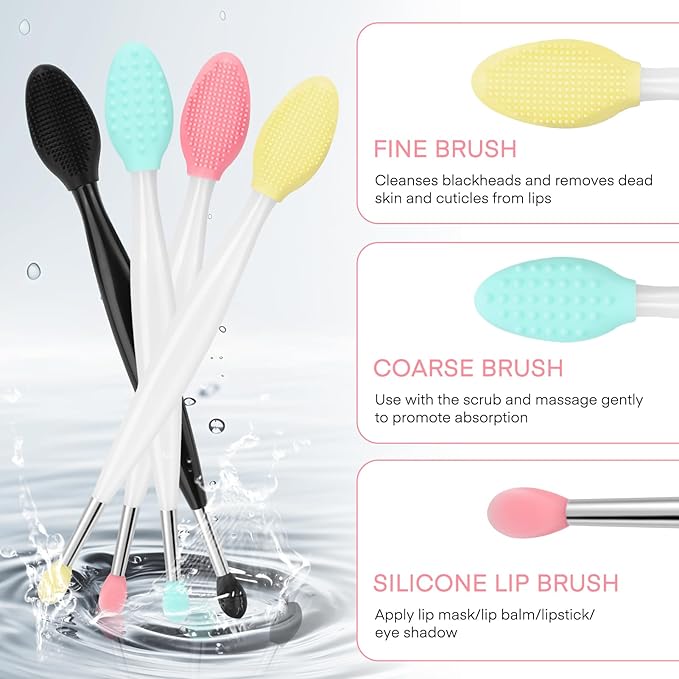 Unaone Lip Scrub Brush - 4 PCS Dual-ended Lip Scrubber Exfoliator and Silicone Lip Brush, 2-in-1 Silicone Lip Scrub Tool Lip Mask Applicator, Gentle Exfoliator & Applicator for Soft