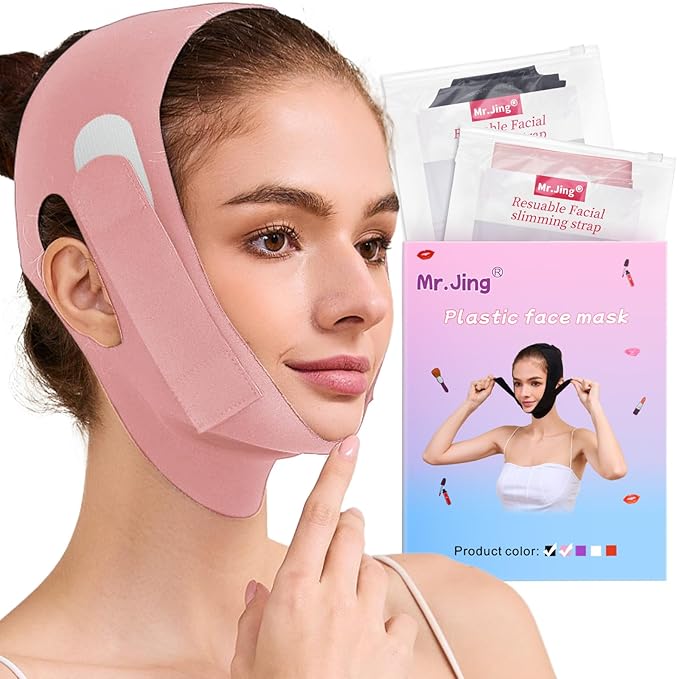 2 Pack Face Slimming Strap, Double Chin Reducer Band, Graphene V-Line Mask Chin Up Mask V Shaped Face Mask Chin strap for sleeping, V-Line Lifting Mask for Women, Medium, Black and Pink