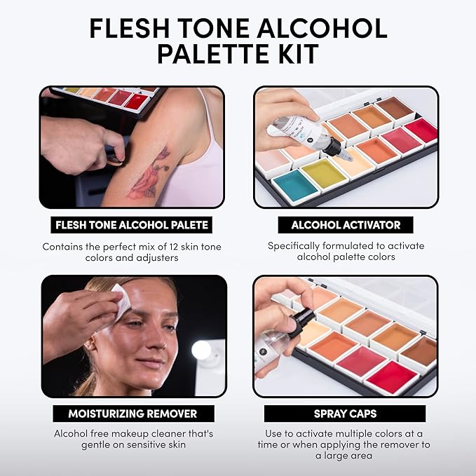 Flesh Tone Alcohol-Activated Palette, Activator, and Remover Kit, Professional SFX Makeup Set, Tattoo Cover