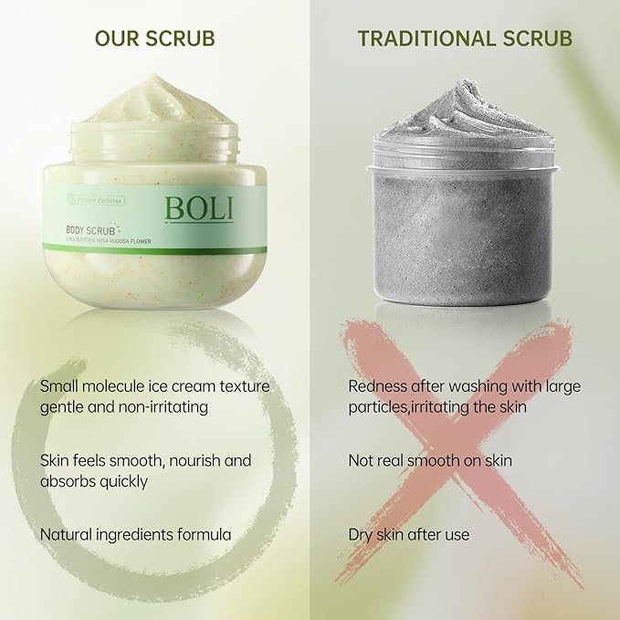 BOLI Shea Butter Body Scrub, Walnut Shell Powder Exfoliating Moisture Scrubber Deep Cleansing Nourishes for Smooth (250g, Shea Butter)