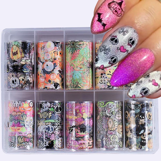 Halloween Nail Art Foils Transfer Stickers Halloween Nail Art Stickers Decals 10Rolls Pumpkin Spider Web Ghost Spider Nail Foils Adhesive Decals Nail Supplies for Women Holiday DIY Manicure Decoration