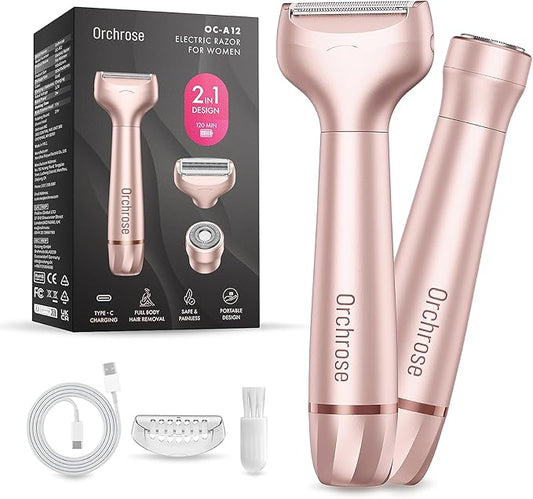 Electric Razor for Women Body: Rechargeable Painless Electric Shaver for Bikini Face Body Legs Underarms - 3-in-1 Blade and Rotary Shaving Head (Rose Gold)