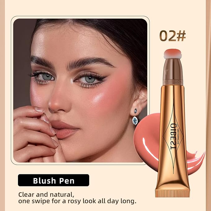 Blush Beauty Wand, Liquid Face Blush with Cushion Applicator, Silky Smooth Cream Blush Stick Natural Matte Finish, Lightweight Blendable Blush Stick Makeup for Cheek Lip eye, Cruelty-free（Peach Pink）