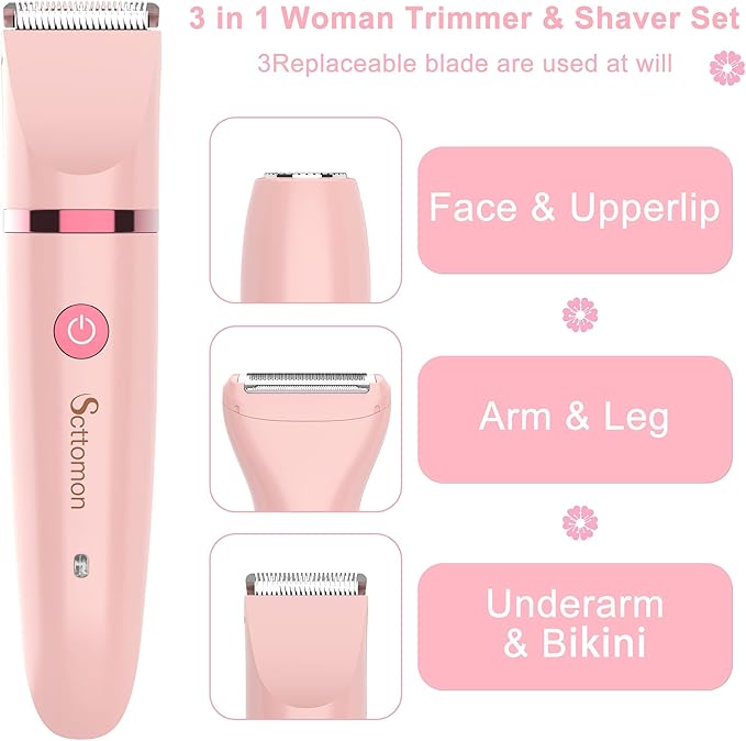 Electric Lady Shaver for Women - Painless Razor, Bikini Trimmer, Facial Hair Removal, Body Trimmer for Face, Legs, Underarm, Pubic - Wet and Dry Flawless 3 in 1