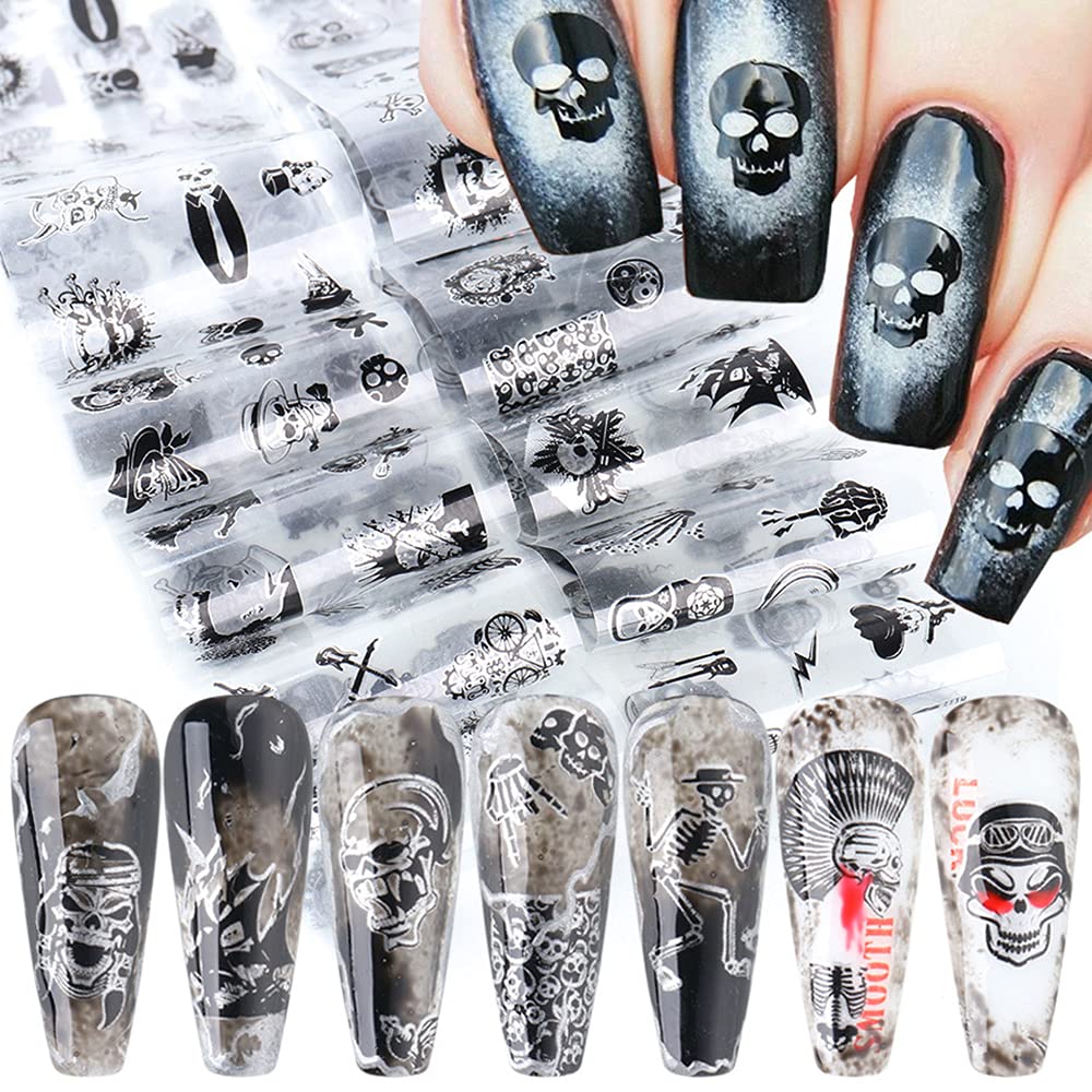Black Skull Design Nail Foils Halloween Nail Transfer Foil Gothic Skull Nail Art Stickers Decals with Horror Pirate Skeleton Vampire Bone Butterfly Slider Wrap Design Nail Art Decoration Supplies