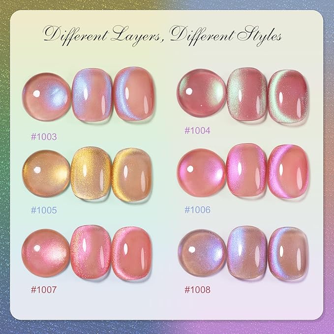 RARJSM Aurora Glitter Cat Eye Gel Nail Polish Set 6Pcs Nude Pink Light Purple Gold Brown Green Blue Galaxy Mermaid Glitter Cateye Gel Polish with Magnetic Stick UV LED Curing Require Home Salon